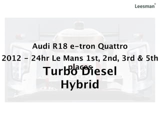 Audi R18 e-tron Quattro
2012 - 24hr Le Mans 1st, 2nd, 3rd & 5th
                places
          Turbo Diesel
            Hybrid
 
