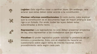 Legislar: Esto significa crear o cambiar leyes. Sin embargo, vale
aclarar que estas deben estar acorde a la constitución.
Plantear reformas constitucionales: En este punto, cabe explicar
que la constitución es el documento legal de mayor jerarquía que
rige a un Estado. Por ende, todas las leyes deben estar
subordinadas a dicho texto.
Representar: Los legisladores no solo deben presentar proyectos
de ley, sino representar a los ciudadanos que los eligieron.
Fiscalizar: El poder legislativo puede solicitar la presencia de un
ministro o presidente. Esto, con el objetivo de hacerle un
cuestionario sobre algún tema de interés nacional. Dicho
procedimiento varía según cada país.
 