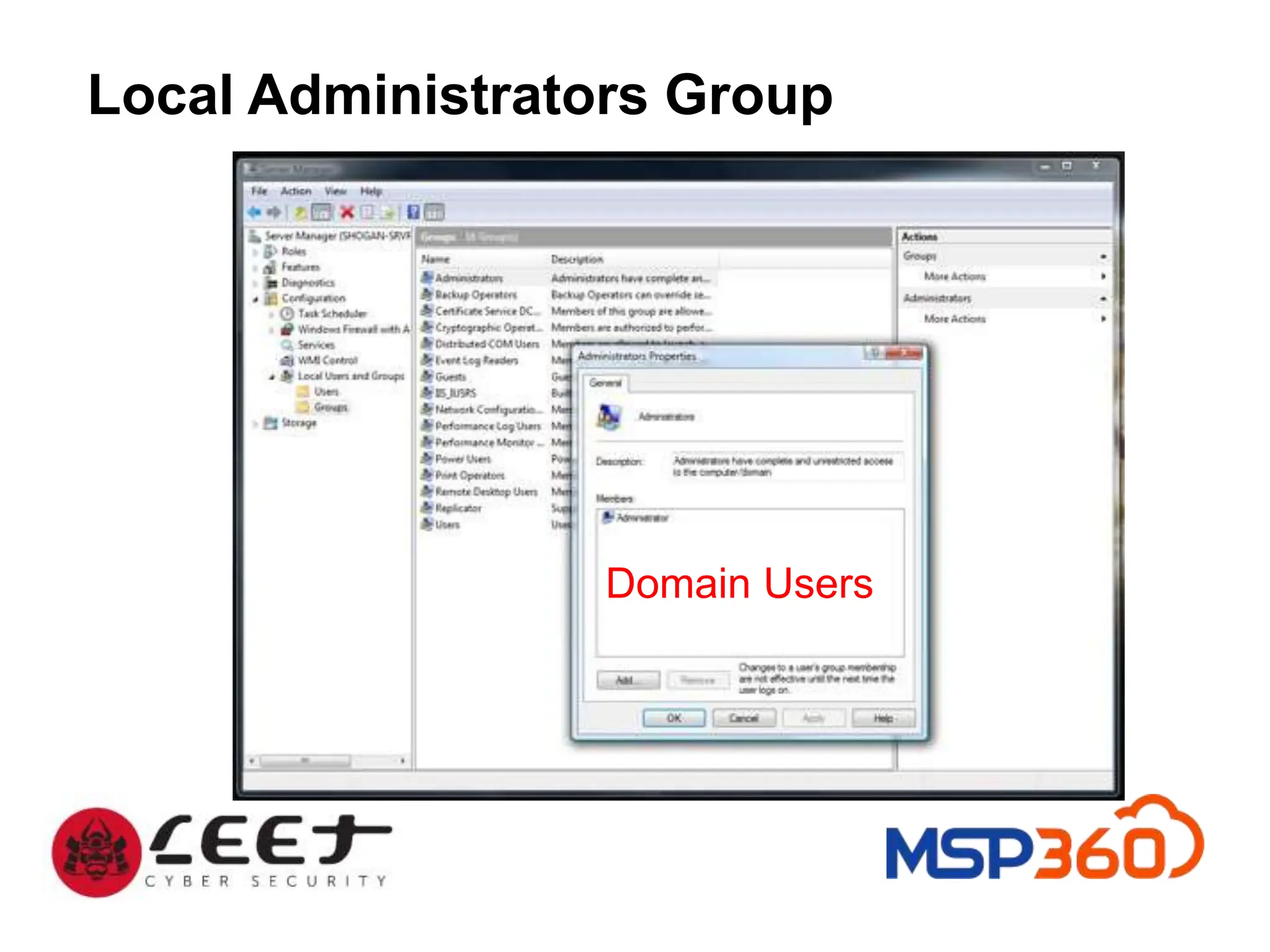 Local Administrators Group
Domain Users
 