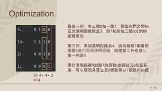 Optimization
/15
11
最後一列，有三個0和一個1，那麼它們之間相
互的漢明距離就是3，即1和其他三個0分別的
距離累加
第三列，累加漢明距離為4，因為每個1都會跟
兩個0產生兩個漢明距離，同理第二列也是4，
第一列是3
累計漢明距離和0跟1的個數(依照位元)就是答
案，可以發現其實也是0個數乘以1個數的加總
3+ 4+ 4+ 3
=14
 