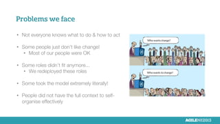 Problems we face
•  Not everyone knows what to do & how to act
•  Some people just don't like change! 
•  Most of our people were OK
•  Some roles didn’t ﬁt anymore...
•  We redeployed these roles
•  Some took the model extremely literally!
•  People did not have the full context to self-
organise effectively
 