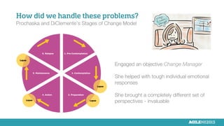 How did we handle these problems?
Prochaska and DiClemente’s Stages of Change Model


Engaged an objective Change Manager

She helped with tough individual emotional
responses 

She brought a completely different set of 
perspectives - invaluable
 