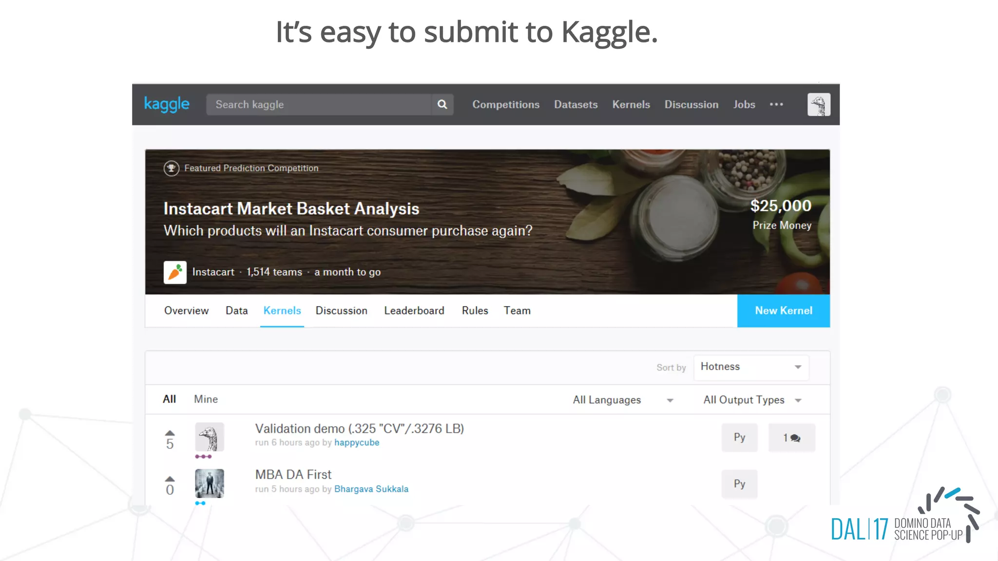 It’s easy to submit to Kaggle.
 