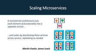 Scaling Microservices
A microservice architecture puts
each element of functionality into a
separate service…
…and scales by distributing these services
across servers, replicating as needed
-Martin Fowler, James Lewis
 