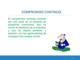 16
COMPROMISO CONTINUO
El compromiso continuo consiste
por una parte en el conjunto de
pequeñas inversiones que ha
hecho el empleado en la empresa,
y que de dejarla perdería, y
también, con las oportunidades de
conseguir otro empleo similar
 