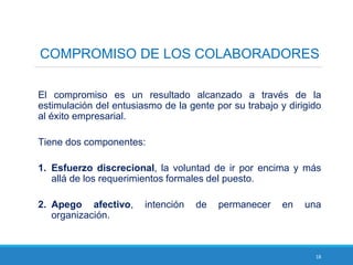 18
COMPROMISO DE LOS COLABORADORES
El compromiso es un resultado alcanzado a través de la
estimulación del entusiasmo de la gente por su trabajo y dirigido
al éxito empresarial.
Tiene dos componentes:
1. Esfuerzo discrecional, la voluntad de ir por encima y más
allá de los requerimientos formales del puesto.
2. Apego afectivo, intención de permanecer en una
organización.
 