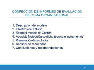 34
CONFECCIÓN DE INFORMES DE EVALUACIÓN
DE CLIMA ORGANIZACIONAL
1. Descripción del modelo
2. Objetivos del Estudio
3. Fasesdel modelo deGestión
4. Abordaje Metodológico (ficha técnica e instrumentos)
5. Presentación deresultados
6. Análisis de resultados
7. Conclusiones y recomendaciones
 
