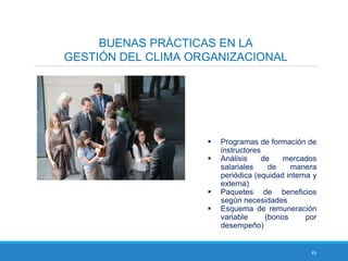 45
BUENAS PRÁCTICAS EN LA
GESTIÓN DEL CLIMA ORGANIZACIONAL
 Programas de formación de
instructores
 Análisis de mercados
salariales de manera
periódica (equidad interna y
externa)
 Paquetes de beneficios
según necesidades
 Esquema de remuneración
variable (bonos por
desempeño)
 