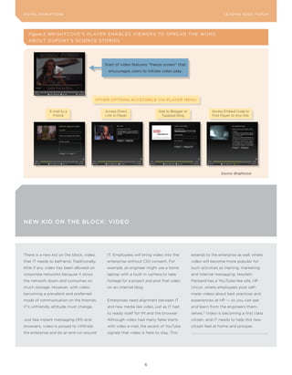 DIGITAL DISRUPTIoNS                                                                                              LEA DI NG EDGE FoRU M




  Figure 2 BRI GH TCoV E ’S P L Ay E R E NAB LE S VIE WE RS To S PRE AD T H E Wo RD
  A Bo UT D UP o NT ’S S C I E NC E STo R I E S




                                             Start of video features “freeze screen” that
                                               encourages users to initiate video play.




                                          oTHER oPTIoNS ACCESSIBLE VIA PLAyER MENU


              E-mail to a                    Access Direct                 Add to Blogger or              Access Embed Code to
                Friend                       Link to Player                 Typepad Blog                  Post Player to Any Site




                                                                                                               Source: Brightcove




NEw KId oN ThE BLoCK: VIdEo




There is a new kid on the block, video,       IT. Employees will bring video into the          extends to the enterprise as well, where
that IT needs to befriend. Traditionally,     enterprise without CIO consent. For              video will become more popular for
little if any video has been allowed on       example, an engineer might use a home            such activities as training, marketing
corporate networks because it slows           laptop with a built-in camera to take            and internal messaging. Hewlett-
the network down and consumes so              footage for a project and post that video        Packard has a YouTube-like site, HP
much storage. However, with video             on an internal blog.                             Uncut, where employees post self-
becoming a prevalent and preferred                                                             made videos about best practices and
mode of communication on the Internet,        Enterprises need alignment between IT            experiences at HP — so you can see
IT’s unfriendly attitude must change.         and new media like video, just as IT had         and learn from the engineers them-
                                              to ready itself for IM and the browser.          selves.3 Video is becoming a first class
Just like instant messaging (IM) and          Although video had many false starts             citizen, and IT needs to help this new
browsers, video is poised to infiltrate       with video e-mail, the ascent of YouTube         citizen feel at home and prosper.
the enterprise and do an end-run around       signals that video is here to stay. This




                                                                     6
 