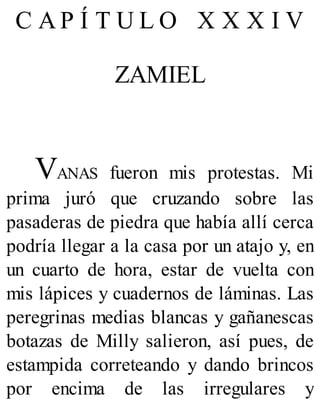 C A P Í T U L O X X X I V
ZAMIEL
VANAS fueron mis protestas. Mi
prima juró que cruzando sobre las
pasaderas de piedra que había allí cerca
podría llegar a la casa por un atajo y, en
un cuarto de hora, estar de vuelta con
mis lápices y cuadernos de láminas. Las
peregrinas medias blancas y gañanescas
botazas de Milly salieron, así pues, de
estampida correteando y dando brincos
por encima de las irregulares y
 