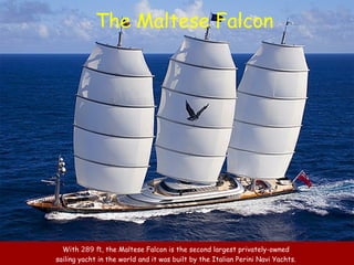 The Maltese Falcon

With 289 ft, the Maltese Falcon is the second largest privately-owned
sailing yacht in the world and it was built by the Italian Perini Navi Yachts.

 