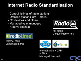 Internet Radio Standardisation
      - Central listings of radio stations
      - Detailed stations info + more...
      - CE devices and others
      - Managed vs unmanaged
      - Free vs licensed
                                             FM Radio
                                             Unique internet link

     Internet radio
     unmanaged, free

                                 Internet radio + DAB
                                 + FM + ...
                                 Managed, licensed
48
 
