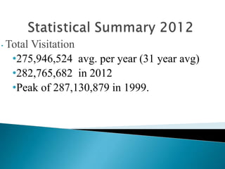 • Total Visitation
•275,946,524 avg. per year (31 year avg)
•282,765,682 in 2012
•Peak of 287,130,879 in 1999.
 