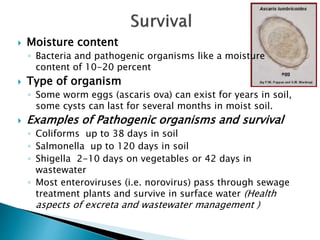  Moisture content
◦ Bacteria and pathogenic organisms like a moisture
content of 10-20 percent
 Type of organism
◦ Some worm eggs (ascaris ova) can exist for years in soil,
some cysts can last for several months in moist soil.
 Examples of Pathogenic organisms and survival
◦ Coliforms up to 38 days in soil
◦ Salmonella up to 120 days in soil
◦ Shigella 2-10 days on vegetables or 42 days in
wastewater
◦ Most enteroviruses (i.e. norovirus) pass through sewage
treatment plants and survive in surface water (Health
aspects of excreta and wastewater management )
 