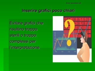 Errori da evitare (4) Inserire grafici poco chiari Evitare grafici che risultino troppo sterili o troppo complessi per l’interpretazione 