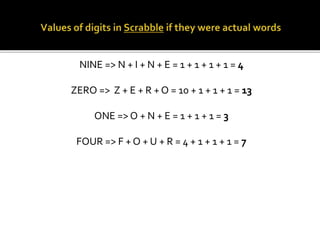 NINE => N + I + N + E = 1 + 1 + 1 + 1 = 4
ZERO => Z + E + R + O = 10 + 1 + 1 + 1 = 13
ONE => O + N + E = 1 + 1 + 1 = 3
FOUR => F + O + U + R = 4 + 1 + 1 + 1 = 7
 