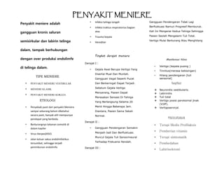 PENYAKIT MENIERE
Penyakit meniere adalah
gangguan kronis saluran
semisirkular dan labirin telinga
dalam, tampak berhubunga...