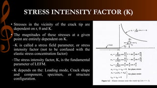 STRESS INTENSITY FACTOR (K)
• Stresses in the vicinity of the crack tip are
dependent on r, θ and K.
• The magnitudes of these stresses at a given
point are entirely dependent on K.
–K is called a stress field parameter, or stress
intensity factor (not to be confused with the
elastic stress concentration factor)
–The stress intensity factor, K, is the fundamental
parameter of LEFM.
–K depends on the: Loading mode, Crack shape
and component, specimen, or structure
configuration.
 