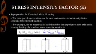 STRESS INTENSITY FACTOR (K)
• Superposition for Combined Mode I Loading.
– The principle of superposition can be used to determine stress intensity factor
solutions for combined loadings.
– For example, for an eccentrically loaded member that experiences both axial and a
bending loading, the resultant stress intensity solution is
 