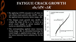 • By applying LEFM concepts to a-N data we
can obtain crack growth rate, da/dN, versus
the applied stress intensity factor range, ∆K.
• The fatigue crack growth rate, da/dN, is
simply the slope of the a vs. N curve at a
given crack length or given number of
cycles as identified by da/dN.
• The corresponding applied stress intensity
factor range, ∆K, is calculated knowing the
crack length, a, applied stress range, ∆S, and
the stress intensity factor solution, K, for the
part.
FATIGUE CRACK GROWTH
da/dN -∆K
 
