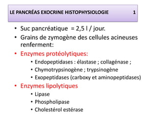 LE PANCRÉAS EXOCRINE HISTOPHYSIOLOGIE          1


 • Suc pancréatique = 2,5 l / jour.
 • Grains de zymogène des cellules acineuses
   renferment:
 • Enzymes protéolytiques:
       • Endopeptidases : élastase ; collagénase ;
       • Chymotrypsinogène ; trypsinogène
       • Exopeptidases (carboxy et aminopeptidases)
 • Enzymes lipolytiques
       • Lipase
       • Phospholipase
       • Cholestérol estérase
 