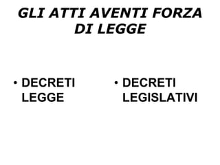GLI ATTI AVENTI FORZA
DI LEGGE
•  DECRETI
LEGGE
•  DECRETI
LEGISLATIVI
 