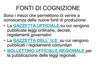 FONTI DI COGNIZIONE
Sono i mezzi che permettono di venire a
conoscenza delle nuove fonti di produzione:
•  La GAZZETTA UFFICIALE su cui vengono
pubblicate leggi ordinarie, decreti,
regolamenti governativi
•  La GAZZETTA DELL U.E. su cui vengono
pubblicati i regolamenti comunitari
•  BOLLETTINO UFFICIALE REGIONALE per
la pubblicazione delle leggi regionali.
 