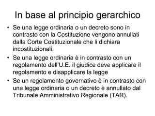 In base al principio gerarchico
•  Se una legge ordinaria o un decreto sono in
contrasto con la Costituzione vengono annullati
dalla Corte Costituzionale che li dichiara
incostituzionali.
•  Se una legge ordinaria è in contrasto con un
regolamento dell’U.E. il giudice deve applicare il
regolamento e disapplicare la legge
•  Se un regolamento governativo è in contrasto con
una legge ordinaria o un decreto è annullato dal
Tribunale Amministrativo Regionale (TAR).
 