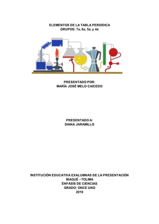 ELEMENTOS DE LA TABLA PERIODICA
GRUPOS: 7a, 6a, 5a, y 4a
PRESENTADO POR:
MARÍA JOSÉ MELO CAICEDO
PRESENTADO A:
DIANA JARAMILLO
INSTITUCIÓN EDUCATIVA EXALUMNAS DE LA PRESENTACIÓN
IBAGUÉ - TOLIMA
ÉNFASIS DE CIENCIAS
GRADO: ONCE UNO
2018
 