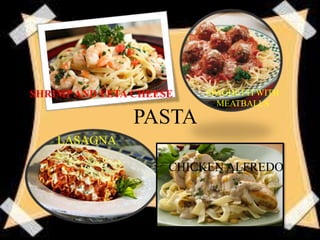 PASTA
SHRIMPAND FETA CHEESE SPAGHETTI WITH
MEATBALLS
LASAGNA
CHICKEN ALFREDO
 