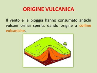ORIGINE VULCANICA
Il vento e la pioggia hanno consumato antichi
vulcani ormai spenti, dando origine a colline
vulcaniche.
 