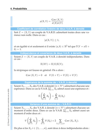 4. Probabilités 95 
ρ(X, Y) = 
Cov (X, Y) 
σ (X)σ (Y) 
Coefficient de corrélation linéaire de deux V.A.R. à densité 
Soit Z = (X, Y) un couple de V.A.R.D. admettant toutes deux une va-riance 
non nulle. Dans ce cas : 
|ρ(X, Y)| ≤ 1, 
et on égalité si et seulement si il existe (a, b) ∈ R2 tel que P(Y = aX + 
b) = 1. 
Indépendance et covariance de deux V.A.R. à densité 
Soient Z = (X, Y) un couple de V.A.R. à densité indépendantes. Dans 
ce cas : 
E(XY) = E(X)E(Y); 
la réciproque est fausse en général. On a alors : 
Cov (X, Y) = 0 et V(X + Y) = V(X) + V(Y) 
Espérance de la somme de n V.A.R. à densité 
Soient X1 , . . . , Xn des V.A.R. à densité (n ∈ N∗) admettant chacune une 
espérance. Dans ce cas la V.A.R. Σnk 
=1 Xk admet aussi une espérance et : 
E 
 
n 
Σ 
k=1 
Xk 
! 
= 
n 
Σ 
k=1 
E(Xk ) 
Variance d’une somme de n V.A.R.D. 
Soient X1, . . . , Xn des V.A.R. à densité (n ∈ N∗) admettant chacune un 
moment d’ordre deux. Dans ce cas la V.A.R. Σnk 
=1 Xk admet aussi un 
moment d’ordre deux et : 
V 
 
n 
Σ 
k=1 
Xk 
! 
= 
n 
Σ 
k=1 
V(Xk) + 2 Σ 
1≤i j≤n 
Cov (Xi , Xj ). 
De plus si les Xi , i ∈ {1, . . . , n}, sont deux à deux indépendantes alors : 
c Dunod. La photocopie non autorisée est un délit. 
 