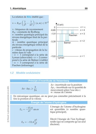 1. Atomistique 99 
La relation de Ritz établit que : 
ν = RH c 
 
1 
n2 − 
1 
m2 
# 
(n, m) ∈ N∗2 
ν : fréquence de rayonnement 
RH : constante de Rydberg 
n : nombre quantique principal du 
niveau énergétique final de la par-ticule 
m : nombre quantique principal 
du niveau énergétique initial de la 
particule 
c : vitesse de propagation de la lu-mière 
dans le vide 
– n = 1 correspond à la série de 
Lyman (ultraviolet) – n = 2 corres-pond 
à la série de Balmer (visible) 
– n = 3 correspond à la série de 
Paschen (infrarouge) 
E (eV) 
0 
-0,85 
-3,39 
-13,6 
Lyman 
Paschen 
Balmer 
-1,51 
n =  
n = 4 
n = 3 
n = 2 
n = 1 
1.2 Modèle ondulatoire 
Principe d’incertitude de Heisenberg 
Δx · Δ px  
h 
2π 
Δx : incertitude sur la position 
Δ px : incertitude sur la quantité de 
mouvement selon l’axe des x 
m : masse de l’atome 
En mécanique quantique, on ne peut pas connaître précisément à la 
fois la position et la vitesse. 
Énergie de l’atome d’hydrogène 
En = −13, 6 
n2 en ev 
L’énergie de l’atome d’hydrogène 
est quantifiée (n nombre quan-tique 
principal). 
Z2 
En = −13, 6 n2 
Décrit l’énergie de l’ion hydrogé-noïde 
(qui ne comporte qu’un seul 
électron). 
c Dunod. La photocopie non autorisée est un délit. 
 