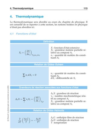 4. Thermodynamique 115 
4. Thermodynamique 
La thermodynamique sera abordée au cours du chapitre de physique. Il 
est conseillé de se reporter à cette section, les notions traitées en physique 
n’étant pas abordées ici. 
4.1 Fonctions d’état 
Définition 
Xi = 
 
∂X 
∂ni 
# 
T,p,n j-=ni 
X : fonction d’état extensive 
Xi : grandeur molaire partielle re-lative 
au composé Ai 
ni : quantité de matière du consti-tuant 
Ai 
Relation de Gibbs–Duhem 
Σ 
i 
ni dXi = 0 ni : quantité de matière du consti-tuant 
Ai 
dXi : différentielle de Xi 
Grandeurs de réaction associées aux fonctions d’état 
Δr X = Σ 
i 
νi Xi = 
 
∂X 
∂ξ 
# 
T,p 
Δr X : grandeur de réaction 
νi : nombre stoechiométrique rela-tif 
au composé Ai 
Xi : grandeur molaire partielle re-lative 
au composé Ai 
Relation de Gibbs–Helmoltz 
∂ 
∂T 
 
Δr G 
T 
# 
= − 
Δr H 
T2 
Δr G : enthalpie libre de réaction 
Δr H : enthalpie de réaction 
T : température 
c Dunod. La photocopie non autorisée est un délit. 
 