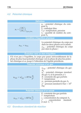 116 [2] Chimie 
4.2 Potentiel chimique 
Définition 
μi = 
 
∂G 
∂ni 
# 
T,p,n j-=ni 
μi : potentiel chimique du com-posé 
Ai 
G : enthalpie libre 
T, p : température, pression 
ni : quantité de matière du com-posé 
Ai 
Condition d’équilibre physique 
μϕ1 = μϕ2 
Le potentiel chimique du corps pur 
dans les deux phases est le même. 
μϕi : potentiel chimique du corps 
pur dans la phase i 
Évolution vers un état d’équilibre 
S’il n’est pas à l’équilibre, le corps pur passe irréversiblement de la 
phase de plus haut potentiel chimique vers la phase de plus bas poten-tiel 
chimique et ce, jusqu’à l’obtention de l’égalité précédente. 
Potentiel chimique d’un gaz 
μi(g) = μ◦i(g) + RT ln pi 
p◦ 
μi(g) : potentiel chimique du gaz 
Ai 
μ◦i : potentiel chimique standard 
du gaz Ai (à la pression p◦) 
R : constante des gaz parfaits 
T : température 
pi : pression partielle du gaz Ai 
p◦ : pression standard (1 bar = 105 
Pa) 
Potentiel chimique d’un soluté 
μi(s) = μ◦i(s) + RT ln ci 
c◦ 
R : constante des gaz parfaits 
T : température 
ci : concentration du composé Ai 
c◦ : concentration standard 
(1 mol · L−1) 
4.3 Grandeurs standard de réaction 
 