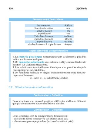 126 [2] Chimie 
Nomenclature des chaînes 
Insaturation Suffixe 
Sans insaturation -ane 
1 double liaison -ène 
1 triple liaison -yne 
2 doubles liaisons -adiène 
3 doubles liaisons -atriène 
2 triples liaisons -adiyne 
1 double liaison et 1 triple liaison -ènyne 
Règles générales de nomenclature 
1. La chaîne la plus longue est numérotée afin de donner le plus bas 
indice aux liaisons multiples. 
2. On nomme les substituants sous la forme n-alkyl, n étant l’indice de 
position sur la chaîne précédente. 
3. Les substituants éventuellement identiques sont précédés des pré-fixes 
appropriés : di, tri, tetra,... 
4. On nomme la molécule en plaçant les subtituants par ordre alphabé-tique 
sous la forme : 
n1-subs1-n2, n3-subs2chaînefonction 
5.2 Stéréochimie de conformation 
Conformation – Définition 
Deux structures sont de conformations différentes si elles ne diffèrent 
que par des notations autour des liaisons simples. 
Configuration – Définition 
Deux structures sont de configurations différentes si : 
- elles ont la même connectivité des atomes entre eux, 
- elles ne sont pas superposables (aux conformations près). 
 