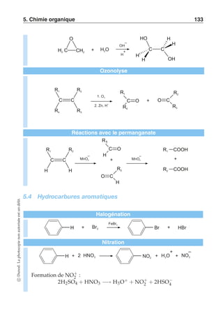 5. Chimie organique 133 
+ H O 2 
– 
OH 
H C + 2 CH2 
H 
O 
C C 
H 
H 
H 
H 
OH 
HO 
Ozonolyse 
+ 
1. O3 
2. Zn, H+ 
C C 
R3 
R1 
R4 
R2 R1 
C 
R4 
O 
R2 
C 
R3 
O 
Réactions avec le permanganate 
– 
M O 
– 
n 4 M O 
n C C 4 
H 
R1 
H 
R2 
R1 COOH 
+ + 
R2 COOH 
R1 
C 
H 
O 
R2 
C 
H 
O 
5.4 Hydrocarbures aromatiques 
Halogénation 
FeBr3 
H + Br Br + 2 
HBr 
Nitration 
– 
+ 
H + 2 HNO NO+ H O 
+ NO3 2 3 
3 
Formation de NO+ 
2 : 
2 + 2HSO−4 
2H2SO4 + HNO3 −→ H3O+ + NO+ 
c Dunod. La photocopie non autorisée est un délit. 
 