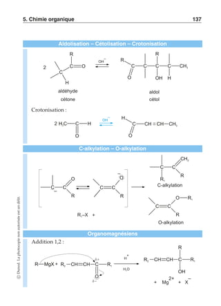5. Chimie organique 137 
Aldolisation – Cétolisation – Crotonisation 
– 
OH 
C 
R 
C O 
H 
R 
R 
C C C 
OH 
C CH3 
O H 
2 
aldéhyde 
aldol 
cétone cétol 
Crotonisation : 
– 
OH 
2 H C 3 C H 
O 
H 
C CH CH CH3 
O 
C-alkylation – O-alkylation 
+ 
C C 
O 
R 
C C 
O 
R 
C 
R1 
C 
CH2 
R 
C-alkylation 
C C 
O R1 
R 
O-alkylation 
R –X 1 
– 
– 
Organomagnésiens 
Addition 1,2 : 
+ 
+ 
 – 
+ 
H 
H O 2 
R MgX R2 CH CH C R1 
O 
R 
R2 CH CH C R1 
OH 
+ Mg 
2+ 
– 
+ X 
c Dunod. La photocopie non autorisée est un délit. 
 