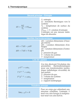 2. Thermodynamique 155 
Second principe – Entropie 
dS = 
δQ 
TΣ 
+ δSirrev 
S : entropie 
Q : transferts thermiques vers le 
système 
TΣ : température de surface du 
système 
δSirrev  0 : création d’entropie 
L’entropie est une mesure statis-tique 
du désordre 
Identités thermodynamiques 
dU = T dS − p dV 
dH = T dS + V dp 
dU : variation élémentaire d’éner-gie 
interne 
dH : variation élémentaire d’en-thalpie 
dS : variation élémentaire d’entro-pie 
p : pression du gaz 
V : volume du système 
T : température 
Lois de Laplace 
p Vγ = cste1 
T Vγ−1 = cste2 
Tγ p1−γ = cste3 
Ces lois décrivent l’évolution des 
paramètres thermodynamiques 
pour une transformation isentro-pique 
(adiabatique réversible) de 
gaz parfait. 
p : pression du gaz 
V : volume du système 
T : température 
γ : rapport isentropique 
Troisième principe 
limT→0 S = 0 
Pour un corps pur admettant une 
structure cristalline, l’entropie S 
tend vers zéro lorsque la tempéra-ture 
tend vers zéro kelvin. 
c Dunod. La photocopie non autorisée est un délit. 
 