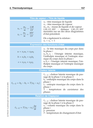 2. Thermodynamique 157 
Titre de vapeur – Titre de liquide 
xv = 
mv 
m 
= 
LM 
LV 
xℓ = 
mℓ 
m 
= 
MV 
LV 
xℓ : titre massique de liquide 
xv : titre massique de vapeur 
mℓ , mv : masse de liquide et de vapeur 
LM, LV, MV : distance LM, LV, MV 
mesurées sur un des deux diagrammes 
d’état précédent. 
On a également la relation : 
xℓ + xv = 1 
Expression des fonctions d’état 
u = x1u1 + x2u2 
h = x1 h1 + x2 h2 
s = x1s1 + x2 s2 
xi : le titre massique du corps pur dans 
la phase i 
ui , hi , si : l’énergie interne massique, 
l’enthalpie massique et l’entropie mas-sique 
du corps dans la phase i 
u, h, s : l’énergie interne massique, l’en-thalpie 
massique et l’entropie massique 
du corps 
Chaleur latente 
ℓ1→2 = h2 − h1 = T(s2 − s1) 
ℓ1→2 : chaleur latente massique de pas-sage 
de la phase 1 à la phase 2 
hi : enthalpie massique du corps dans la 
phase i 
si : entropie massique du corps dans la 
phase i 
T : température de coexistance des 
phases 
Relation de Clapeyron 
ℓ1→2 = T(v2 − v1 ) 
∂p 
∂t 
ℓ1→2 : chaleur latente massique de pas-sage 
de la phase 1 à la phase 2 
vi : volume massique du corps dans la 
phase i 
p : pression 
T : température de changement d’état 
c Dunod. La photocopie non autorisée est un délit. 
 