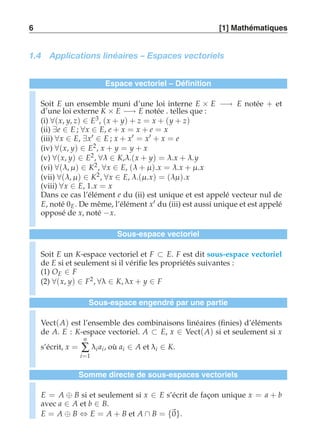 6 [1] Mathématiques 
1.4 Applications linéaires – Espaces vectoriels 
Espace vectoriel – Définition 
Soit E un ensemble muni d’une loi interne E × E −→ E notée + et 
d’une loi externe K × E −→ E notée . telles que : 
(i) ∀(x, y, z) ∈ E3, (x + y) + z = x + (y + z) 
(ii) ∃e ∈ E ; ∀x ∈ E, e + x = x + e = x 
(iii) ∀x ∈ E, ∃x′ ∈ E ; x + x′ = x′ + x = e 
(iv) ∀(x, y) ∈ E2, x + y = y + x 
(v) ∀(x, y) ∈ E2, ∀λ ∈ K,λ.(x + y) = λ.x + λ.y 
(vi) ∀(λ, μ ) ∈ K2, ∀x ∈ E, (λ + μ ).x = λ.x + μ .x 
(vii) ∀(λ, μ ) ∈ K2, ∀x ∈ E, λ.(μ .x) = (λμ ).x 
(viii) ∀x ∈ E, 1.x = x 
Dans ce cas l’élément e du (ii) est unique et est appelé vecteur nul de 
E, noté 0E. De même, l’élément x′ du (iii) est aussi unique et est appelé 
opposé de x, noté −x. 
Sous-espace vectoriel 
Soit E un K-espace vectoriel et F ⊂ E. F est dit sous-espace vectoriel 
de E si et seulement si il vérifie les propriétés suivantes : 
(1) OE ∈ F 
(2) ∀(x, y) ∈ F2, ∀λ ∈ K, λx + y ∈ F 
Sous-espace engendré par une partie 
Vect(A) est l’ensemble des combinaisons linéaires (finies) d’éléments 
de A. E : K-espace vectoriel. A ⊂ E, x ∈ Vect(A) si et seulement si x 
s’écrit, x = 
n 
Σ 
i=1 
λi ai, où ai ∈ A et λi ∈ K. 
Somme directe de sous-espaces vectoriels 
E = A ⊕ B si et seulement si x ∈ E s’écrit de façon unique x = a + b 
avec a ∈ A et b ∈ B. 
E = A ⊕ B ⇔ E = A + B et A ∩ B = {0}. 
 