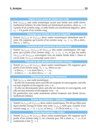 2. Analyse 23 
Signe d’une suite de limite non nulle 
Soit (un )n∈N une suite numérique ayant une limite non nulle (éven-tuellement 
infinie). Si cette limite est strictement positive, alors un  0 
à partir d’un certain rang ; si cette limite est strictement négative, alors 
vn  0 à partir d’un certain rang. 
Passage aux limites dans une inégalité 
Soient (un )n∈N et (vn )n∈N deux suites numériques admettant une li-mite. 
On suppose qu’à partir d’un certain rang : un ≤ vn. On a alors : 
lim un ≤ lim vn . 
Théorème des gendarmes (limites finies) 
Soient (un )n∈N, (vn )n∈N et (wn )n∈N des suites numériques. On sup-pose 
qu’à partir d’un certain rang : un ≤ vn ≤ wn et que les suites 
(un )n∈N et (wn )n∈N convergent vers un même limite finie l. Dans ce 
cas la suite (vn )n∈N converge aussi vers l. 
Théorème des gendarmes (limites infinies) 
Soient (un )n∈N et (vn )n∈N deux suites numériques. On suppose qu’à 
partir d’un certain rang : un ≤ vn. Dans ce cas : 
- si lim un = +∞ alors lim vn = +∞, 
- si lim vn = −∞ alors lim un = −∞ 
Théorème de la limite monotone 
Soit (un )n∈N une suite numérique. 
- Si elle est croissante alors soit elle est majorée et convergente, soit elle 
est non majorée et divergente vers +∞. 
- Si elle est décroissante alors soit elle est minorée et convergente, soit 
elle est non minorée et divergente vers −∞. 
En particulier une suite monotone admet toujours une limite (éven-tuellement 
infinie). 
Suites équivalentes – Définition 
Soient (un )n∈N et (vn )n∈N deux suites numériques. On dit qu’elles sont 
équivalentes lorsqu’il existe une suite (ǫn )n∈N telle que, à partir d’un 
certain rang, un = (1 + ǫn )vn et limǫn = 0. On le note un ∼ vn . 
Suites équivalentes – Critère 
Soient (un )n∈N et (vn )n∈N deux suites numériques. On suppose qu’à 
partir d’un certain rang vn ne s’annule pas. On a alors un ∼ vn si et 
seulement si lim un 
vn 
= 1. 
c Dunod. La photocopie non autorisée est un délit. 
 