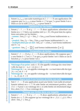 2. Analyse 27 
Composition suite-fonction 
Soient (un )n∈N une suite numérique et f : I −→ R une application. On 
suppose que (un )n∈N a pour limite a ∈ I et que f a pour limite b en a. 
Dans ce cas la suite ( f (un ))n∈N a pour limite b. 
Opérations sur les limites 
Soient f : I −→ R et g : I −→ R deux applications admettant une 
limite en a ∈ I. Soit α un nombre réel (α ∈ R). On peut faire les opéra-tions 
suivantes sur les limites : 
- somme : lima ( f + g) = lima f + lima g sauf forme indéterminée ∞ − ∞ 
- produit : lima f g = lima f lima g sauf forme indéterminée 0 × ∞ 
- multiplication par un réel : lima α f = α lima f sauf forme indétermi-née 
0 × ∞ 
- quotient : lima 
f 
g = lima f 
lima g sauf formes indéterminées 00 
et ∞ 
∞ 
Composition de limites 
Soient f : I −→ R et g : J −→ R deux applications. On suppose que f 
a une limite b ∈ J en a ∈ I et que g a pour limite l en b. Dans ce cas la 
fonction g ◦ f a pour limite l en a. 
Voisinages – Definition 
Voisinage d’un point : soit a ∈ R. On appelle voisinage de a tout inter-valle 
du type [a − η, a + η] où η  0 
Voisinage de +∞ : on appelle voisinage de +∞ tout intervalle du type 
[A, +∞[ où A  0 
Voisinage de −∞ : on appelle voisinage de −∞ tout intervalle du type 
] − ∞, A] où A  0 
Signe local d’une fonction de limite non nulle 
Soit f : I −→ R une application ayant une limite l non nulle (éventuel-lement 
infinie) en a ∈ I. Si cette limite est strictement positive, alors 
f (x)  0 pour x au voisinage de a ; si cette limite est strictement néga-tive, 
alors f (x)  0 au voisinage de a. 
Passage aux limites dans une inégalité 
Soient f : I −→ R et g : I −→ R deux applications admettant une 
limite en a ∈ I. On suppose qu’au voisinage de a : f (x) ≤ g(x). On a 
alors : lima f ≤ lima g. 
c Dunod. La photocopie non autorisée est un délit. 
 