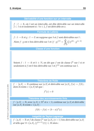 2. Analyse 33 
Dérivabilité d’une fonction sur un intervalle 
f : I → K, où I est un intervalle, est dite dérivable sur un intervalle 
J ⊂ I si et seulement si : ∀a ∈ J, f est dérivable en a. 
Formule de Leibniz 
f : I → K et g : I → E on suppose que λ et f sont dérivables sur I : 
Alors f · g est n fois dérivable sur I et ( f · g)(n) = 
n 
Σ 
k=0 
(nk 
) f (k) · g(n−k) 
Classe d’une fonction 
Soient f : I → K et k ∈ N, on dit que f est de classe Ck sur I si et 
seulement si f est k fois dérivable sur I et f (k) est continue sur I. 
Théorème de Rolle 
f : [a, b] → R continue sur [a, b] et dérivable sur ]a, b[, f (a) = f (b) ; 
alors il existe c ∈]a, b[ tel que : 
délit. 
un est f ′(c) = 0 
autorisée Théorème des accroissements finis 
non photocopie La Dunod. c f : [a, b] → R et f de classe Cn sur [a, b], (n + 1) fois dérivable sur ]a, b[ 
et telle que ∀t ∈]a, b[,  f (n+1)(t)  M alors : f : [a, b] → R, avec (a, b) ∈ R2 et a  b, continue sur [a, b] et dérivable 
sur ]a, b[. Il existe c ∈]a, b[ : 
f (b) − f (a) = (b − a) f ′(c) 
Inégalité de Taylor-Lagrange 
 