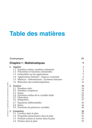 Table des matières 
Avant-propos IX 
Chapitre 1 : Mathématiques 1 
1. Algèbre 1 
1.1 Nombres entiers, nombres rationnels 1 
1.2 Polynômes et fractions rationnelles 2 
1.3 Généralités sur les applications 5 
1.4 Applications linéaires – Espaces vectoriels 6 
1.5 Matrices – Déterminants – Systèmes linéaires 11 
1.6 Réduction des endomorphismes 16 
délit. 
un 2. Analyse 18 
est 2.1 Nombres réels 18 
autorisée 2.2 Nombres complexes 18 
2.3 Suites 21 
2.4 Fonctions réelles de la variable réelle 25 
non 2.5 Dérivation 31 
photocopie 2.6 Intégration 37 
2.7 Équations différentielles 42 
2.8 Séries 44 
2.9 Fonctions de plusieurs variables 46 
La Dunod. 3. Géométrie 50 
3.1 Courbes dans le plan 50 
c 3.2 Propriétés élementaires dans le plan 51 
3.3 Produit scalaire et norme dans le plan 53 
3.4 Droites dans le plan 55  