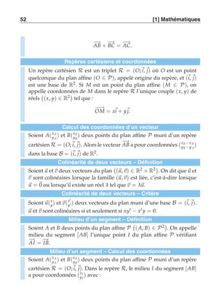 52 [1] Mathématiques 
−A→B + −B→C = −A→C. 
Repères cartésiens et coordonnées 
Un repère cartésien R est un triplet R = (O;i, j) où O est un point 
quelconque du plan affine (O ∈ P), appelé origine du repère, et (i, j) 
est une base de R2. Si M est un point du plan affine (M ∈ P), on 
appelle coordonnées de M dans le repère R l’unique couple (x, y) de 
réels 
 
(x, y) ∈ R2  
tel que : 
−O−→M = xi + yj. 
Calcul des coordonnées d’un vecteur 
Soient A(xA 
yA 
) et B(xB 
yB 
) deux points du plan affine P muni d’un repère 
cartésienR = (O;i,j). Alors le vecteur −A→B a pour coordonnées (xB−xA 
yB −yA 
) 
dans la base B = (i, j) de R2. 
Colinéarité de deux vecteurs – Définition 
Soient u et v deux vecteurs du plan 
 
(u, v) ∈ R2 × R2  
. On dit que u et 
v sont colinéaires lorsque la famille (u, v) est liée, c’est-à-dire lorsque 
u = 0 ou lorsqu’il existe un réel λ tel que v = λu. 
Colinéarité de deux vecteurs – Critère 
y) et v(x′ 
Soient u(x 
y′) deux vecteurs du plan muni d’une base B = (i, j). 
u et v sont colinéaires si et seulement si xy′ − x′ y = 0. 
Milieu d’un segment – Définition 
Soient A et B deux points du plan affine P 
 
(A, B) ∈ P2 
. On appelle 
milieu du segment [AB] l’unique point I du plan affine P vérifiant 
−A→I = −→IB. 
Milieu d’un segment – Calcul des coordonnées 
Soient A(xA 
yA 
) et B(xB 
yB 
) deux points du plan affine P muni d’un repère 
cartésien R = (O;i, j). Dans le repère R, le milieu I du segment [AB] 
a pour coordonnées (xI 
yI 
) avec : 
 