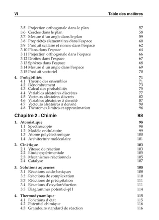 VI Table des matières 
3.5 Projection orthogonale dans le plan 57 
3.6 Cercles dans le plan 58 
3.7 Mesure d’un angle dans le plan 59 
3.8 Propriétés élémentaires dans l’espace 60 
3.9 Produit scalaire et norme dans l’espace 62 
3.10 Plans dans l’espace 64 
3.11 Projection orthogonale dans l’espace 66 
3.12 Droites dans l’espace 67 
3.13 Sphères dans l’espace 68 
3.14 Mesure d’un angle dans l’espace 69 
3.15 Produit vectoriel 70 
4. Probabilités 71 
4.1 Théorie des ensembles 71 
4.2 Dénombrement 73 
4.3 Calcul des probabilités 75 
4.4 Variables aléatoires discrètes 77 
4.5 Vecteurs aléatoires discrets 82 
4.6 Variables aléatoires à densité 87 
4.7 Vecteurs aléatoires à densité 90 
4.8 Théorèmes limites et approximation 96 
Chapitre 2 : Chimie 98 
1. Atomistique 98 
1.1 Spectroscopie 98 
1.2 Modèle ondulatoire 99 
1.3 Atome polyélectronique 100 
1.4 Architecture moléculaire 101 
2. Cinétique 103 
2.1 Vitesse de réaction 103 
2.2 Étude expérimentale 105 
2.3 Mécanismes réactionnels 105 
2.4 Catalyse 107 
3. Solutions aqueuses 108 
3.1 Réactions acido-basiques 108 
3.2 Réactions de complexation 110 
3.3 Réactions de précipitation 111 
3.4 Réactions d’oxydoréduction 111 
3.5 Diagrammes potentiel-pH 114 
4. Thermodynamique 115 
4.1 Fonctions d’état 115 
4.2 Potentiel chimique 116 
4.3 Grandeurs standard de réaction 116 
 