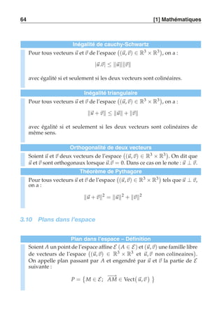 64 [1] Mathématiques 
Inégalité de cauchy-Schwartz 
Pour tous vecteurs u et v de l’espace 
 
(u, v) ∈ R3 × R3 
, on a : 
|u.v| ≤ uv 
avec égalité si et seulement si les deux vecteurs sont colinéaires. 
Inégalité triangulaire 
Pour tous vecteurs u et v de l’espace 
 
(u, v) ∈ R3 × R3 
, on a : 
u + v ≤ u + v 
avec égalité si et seulement si les deux vecteurs sont colinéaires de 
même sens. 
Orthogonalité de deux vecteurs 
Soient u et v deux vecteurs de l’espace 
 
(u, v) ∈ R3 × R3 
. On dit que 
u et v sont orthogonaux lorsque u.v = 0. Dans ce cas on le note : u ⊥ v. 
Théorème de Pythagore 
Pour tous vecteurs u et v de l’espace 
 
(u, v) ∈ R3 × R3 
tels que u ⊥ v, 
on a : 
u + v2 = u2 + v2 
3.10 Plans dans l’espace 
Plan dans l’espace – Définition 
Soient A un point de l’espace affine E (A ∈ E) et (u, v) une famille libre 
de vecteurs de l’espace 
 
(u, v) ∈ R3 × R3 et u, v non colineaires 
 
. 
On appelle plan passant par A et engendré par u et v la partie de E suivante : 
P = 
 
M ∈ E; −A−→M ∈ Vect 
 
u, v 
  
 