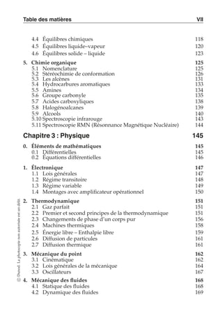 Table des matières VII 
4.4 Équilibres chimiques 118 
4.5 Équilibres liquide–vapeur 120 
4.6 Équilibres solide – liquide 123 
5. Chimie organique 125 
5.1 Nomenclature 125 
5.2 Stéréochimie de conformation 126 
5.3 Les alcènes 131 
5.4 Hydrocarbures aromatiques 133 
5.5 Amines 134 
5.6 Groupe carbonyle 135 
5.7 Acides carboxyliques 138 
5.8 Halogénoalcanes 139 
5.9 Alcools 140 
5.10 Spectroscopie infrarouge 143 
5.11 Spectroscopie RMN (Résonnance Magnétique Nucléaire) 144 
Chapitre 3 : Physique 145 
0. Éléments de mathématiques 145 
0.1 Différentielles 145 
0.2 Équations différentielles 146 
1. Électronique 147 
1.1 Lois générales 147 
1.2 Régime transitoire 148 
1.3 Régime variable 149 
1.4 Montages avec amplificateur opérationnel 150 
2. Thermodynamique 151 
4.1 Statique des fluides 168 
4.2 Dynamique des fluides 169 c Dunod. La photocopie non autorisée est un délit. 
2.1 Gaz parfait 151 
2.2 Premier et second principes de la thermodynamique 151 
2.3 Changements de phase d’un corps pur 156 
2.4 Machines thermiques 158 
2.5 Énergie libre – Enthalpie libre 159 
2.6 Diffusion de particules 161 
2.7 Diffusion thermique 161 
3. Mécanique du point 162 
3.1 Cinématique 162 
3.2 Lois générales de la mécanique 164 
3.3 Oscillateurs 167 
4. Mécanique des fluides 168 
 