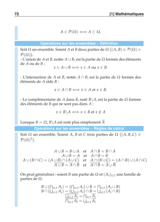 72 [1] Mathématiques 
A ∈ P(Ω) ⇐⇒ A ⊂ Ω. 
Opérations sur les ensembles – Définition 
Soit Ω un ensemble. Soient A et B deux parties de Ω 
 
(A, B) ∈ P(Ω) × 
P(Ω) 
 
. 
- L’union de A et B, notée A ∪ B, est la partie de Ω formée des éléments 
de A ou de B : 
x ∈ A ∪ B ⇐⇒ x ∈ A ou x ∈ B. 
- L’intersection de A et B, notée A ∩ B, est la partie de Ω formée des 
éléments de A etde B : 
x ∈ A ∩ B ⇐⇒ x ∈ A et x ∈ B. 
- Le complémentaire de A dans B, noté BA, est la partie de Ω formée 
des éléments de B qui ne sont pas dans A : 
x ∈ BA ⇐⇒ x ∈ B et x ∈/ A 
Lorsque B = Ω, BA est noté plus simplement A 
Opérations sur les ensembles – Règles de calcul 
Soit Ω un ensemble. Soient A, B et C trois parties de Ω 
 
(A, B, C) ∈ 
P(Ω)3 
. 
A ∪ B = B ∪ A et A ∩ B = B ∩ A 
A ∪ ∅ = A et A ∩ ∅ = ∅ A ∪ (B ∩ C) = (A ∪ B) ∩ (A ∪ C) et A ∩ (B ∪ C) = (A ∩ B) ∪ (A ∩ C) 
A ∪ B = A ∩ B et A ∩ B = A ∪ B 
On peut généraliser : soient B une partie de Ω et (Ai )i∈I une famille de 
parties de Ω. 
B ∪ ( 
 
i∈I Ai ) = ( 
 
i∈I Ai ) ∪ B = 
 
i∈I (Ai ∪ B) 
B ∩ ( 
+ 
i∈I Ai ) = ( 
+ 
i∈I Ai ) ∩ B = 
+ 
+  
i∈I (Ai ∩ B) 
i∈I Ai = 
 + 
i∈I Ai 
i∈I Ai = 
i∈I Ai 
 